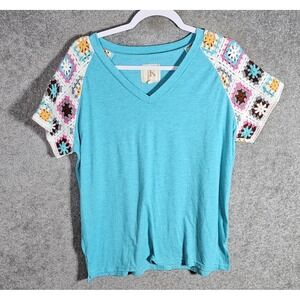 JK Top Womens Size Medium Turquoise Granny Square Crochet Short Sleeve V-Neck